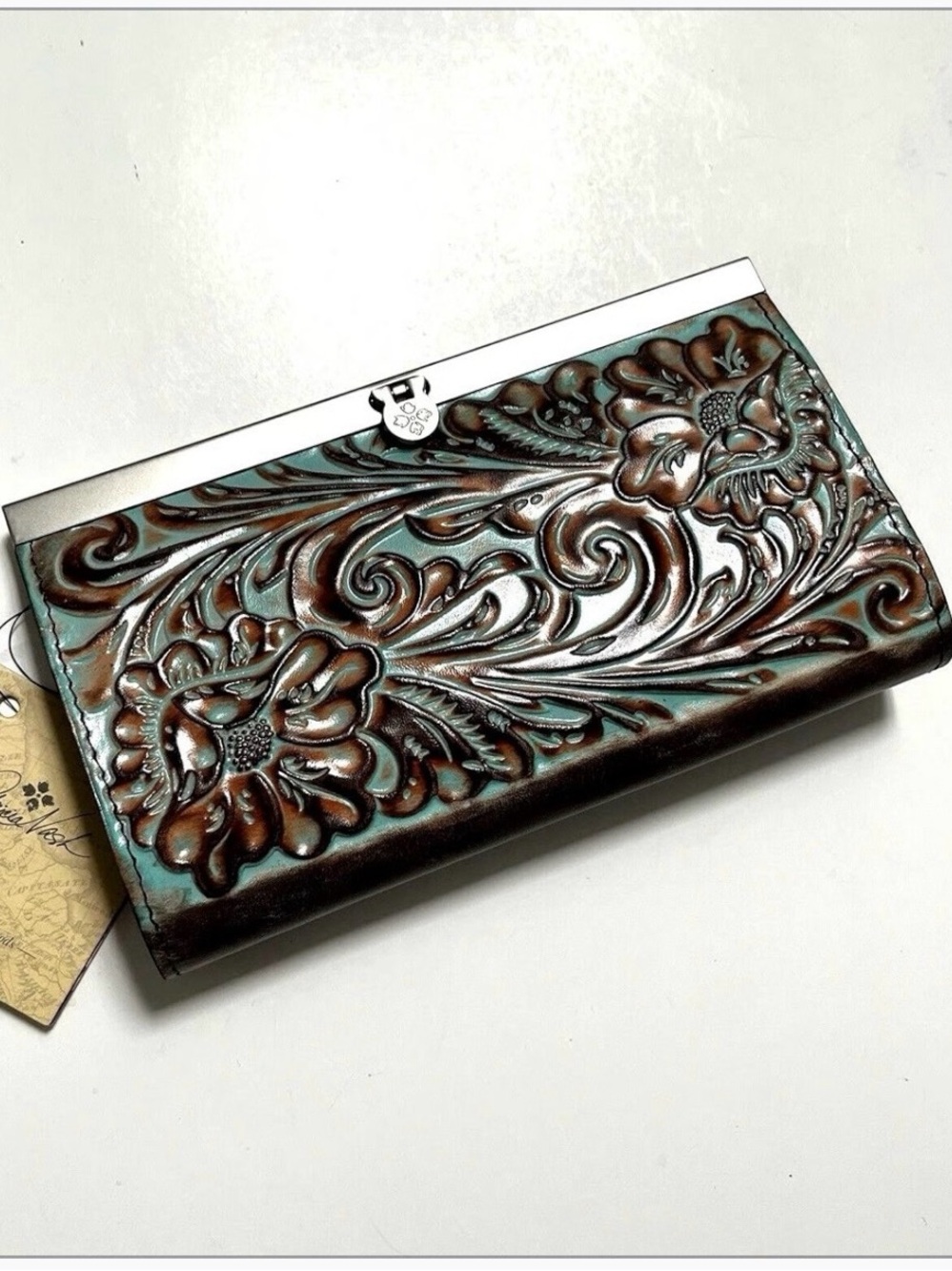Patricia Nash Cauchy Wallet Italian Leather Tooled Turquoise
